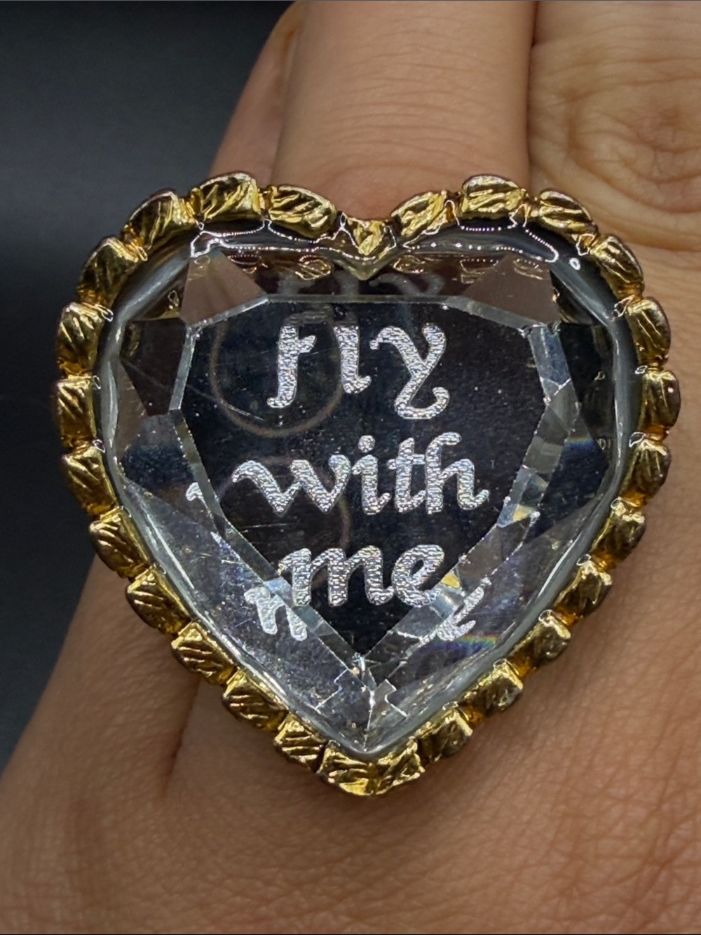 Betsey Johnson Fly With Me Heart Mirror Cocktail Ring Y2K Chunky Statement Jewel